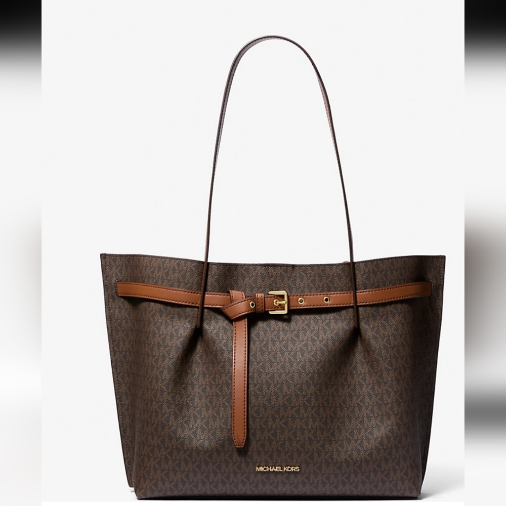 Michael Kors Signature Brown Tote With Belt Buckle Detail.